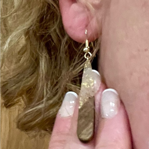 Natural Wood Patchwork  Foil Water Drop Earrings - Picture 3 of 4